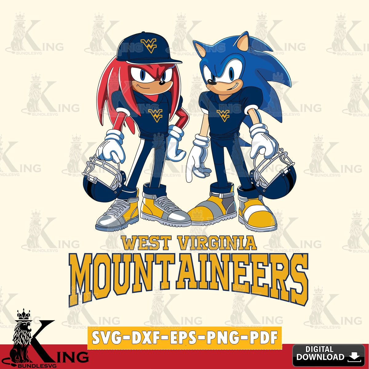 Custom design featuring West Virginia Mountaineers Sonic And Knuckles player football, vector illustration for POD merchandise