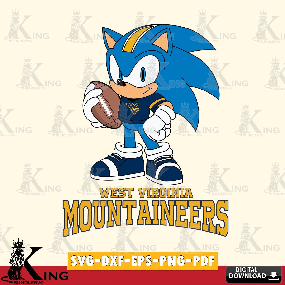 Detailed illustration of West Virginia Mountaineers Sonic game day ready, crafting file for iron-on transfer and vinyl decals.