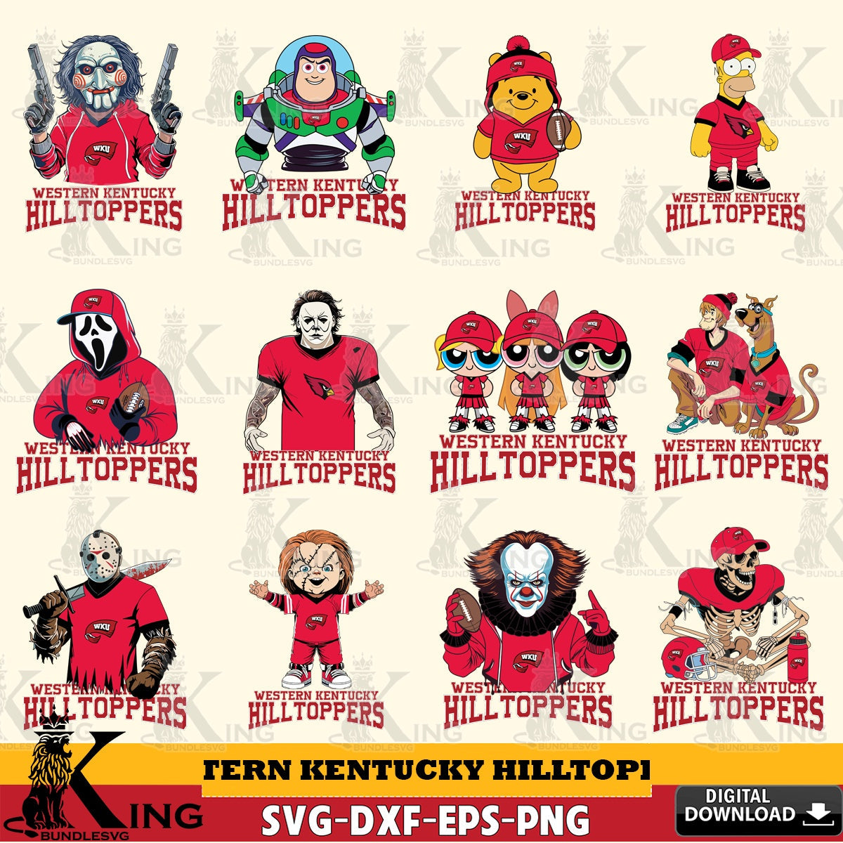 Massive pack of Western Kentucky Hilltoppers cartoon football NCAA bundle, printable vector design for sublimation and crafts