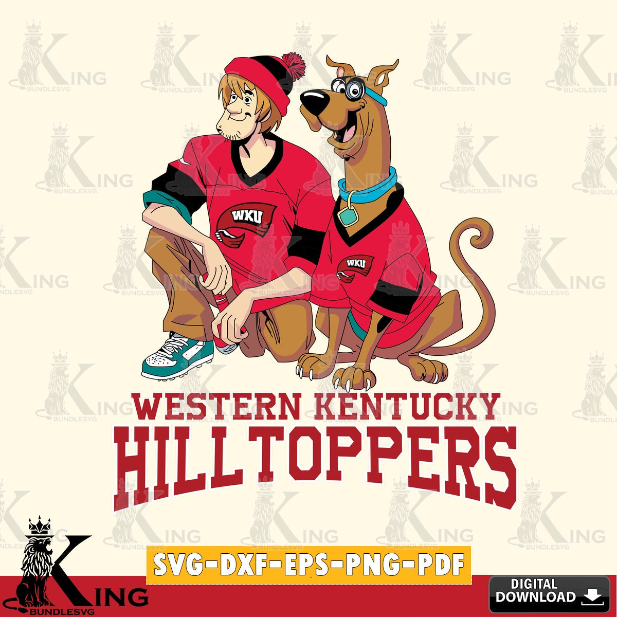 Digital download featuring Western Kentucky Hilltoppers Shaggy and Scooby Doo football vector art for engraving, cutting, and