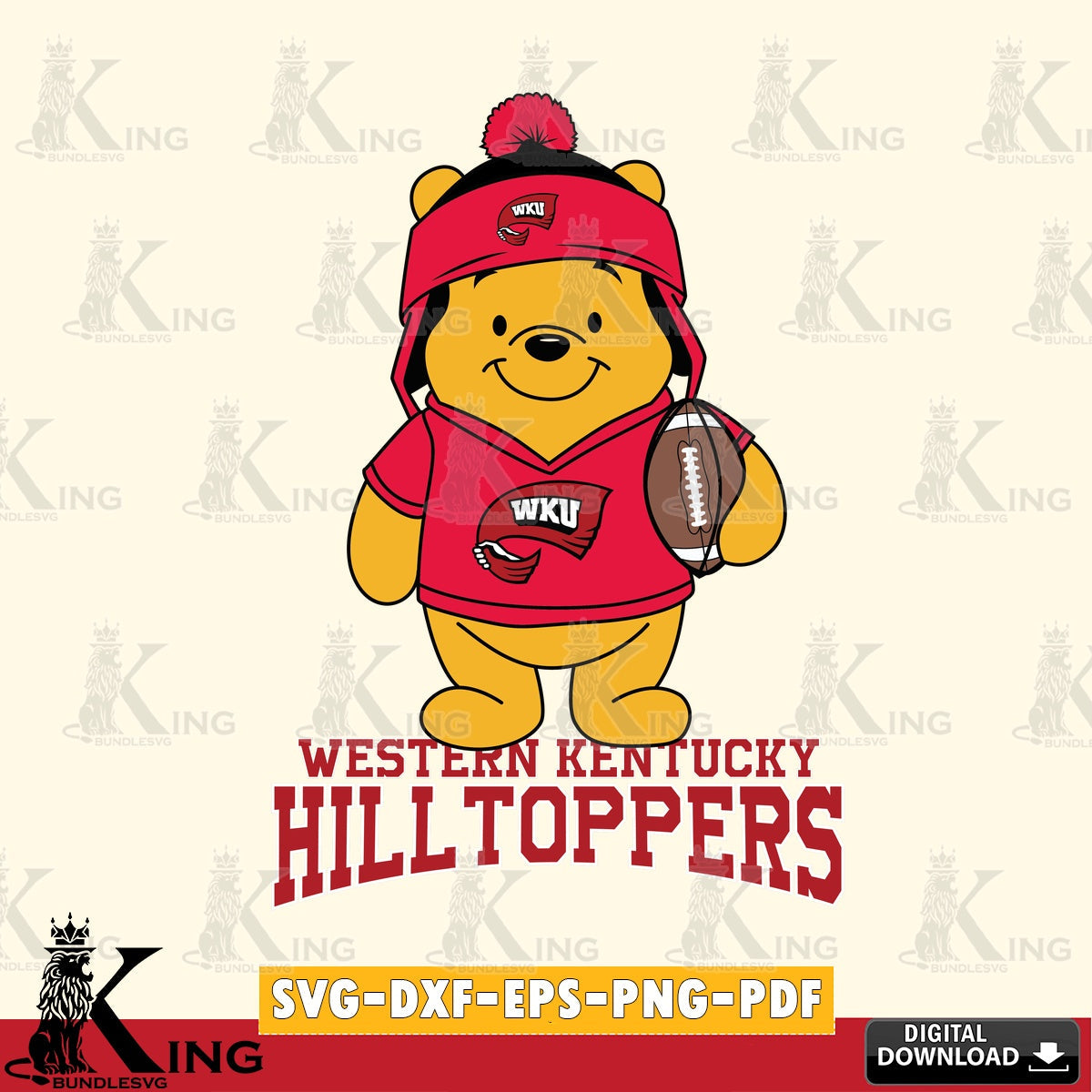 Modern graphic depicting Western Kentucky Hilltoppers Winnie the Pooh player Football, a digital download for Cricut Maker and