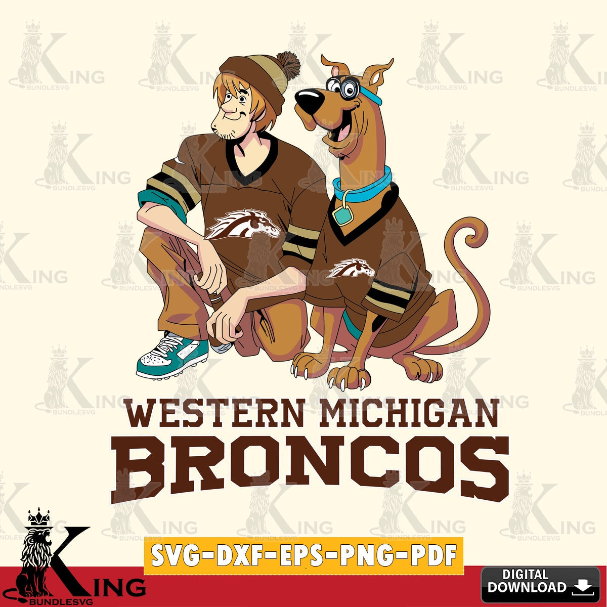 Printable art of Western Michigan Broncos Shaggy and Scooby Doo football, digital clipart compatible with laser engraving and