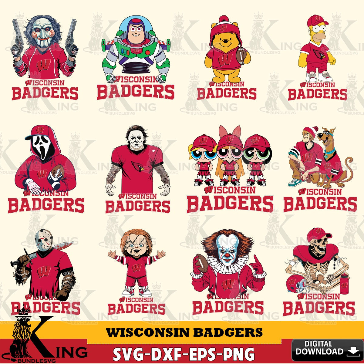 Mega bundle containing a Wisconsin Badgers cartoon football NCAA design SVG cut file for personalized gifts and laser projects.