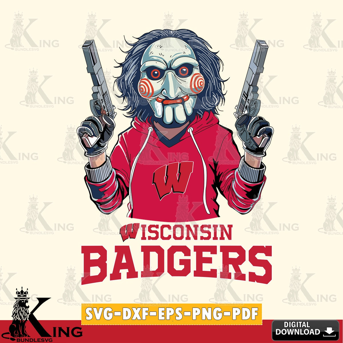 Detailed illustration of Wisconsin Badgers Jigsaw Billy Football, NCAA file cut, digital vector illustration for POD merchandise