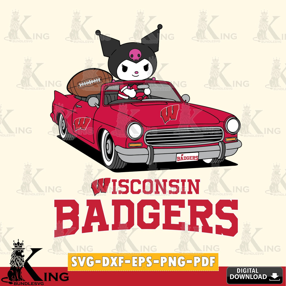 Wisconsin Badgers Kuromi Car Football Game SVG file, Cricut, Cut file , Digital Download , Instant Download, Sanrio svg, Clipart