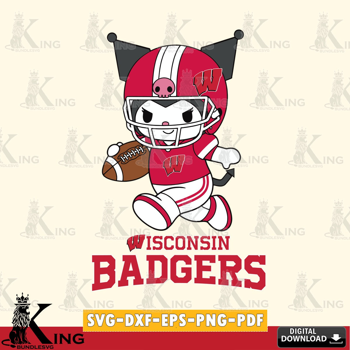 Wisconsin Badgers Kuromi Football Run SVG file, Cricut, Cut file , Digital Download , Instant Download, Sanrio svg, Clipart