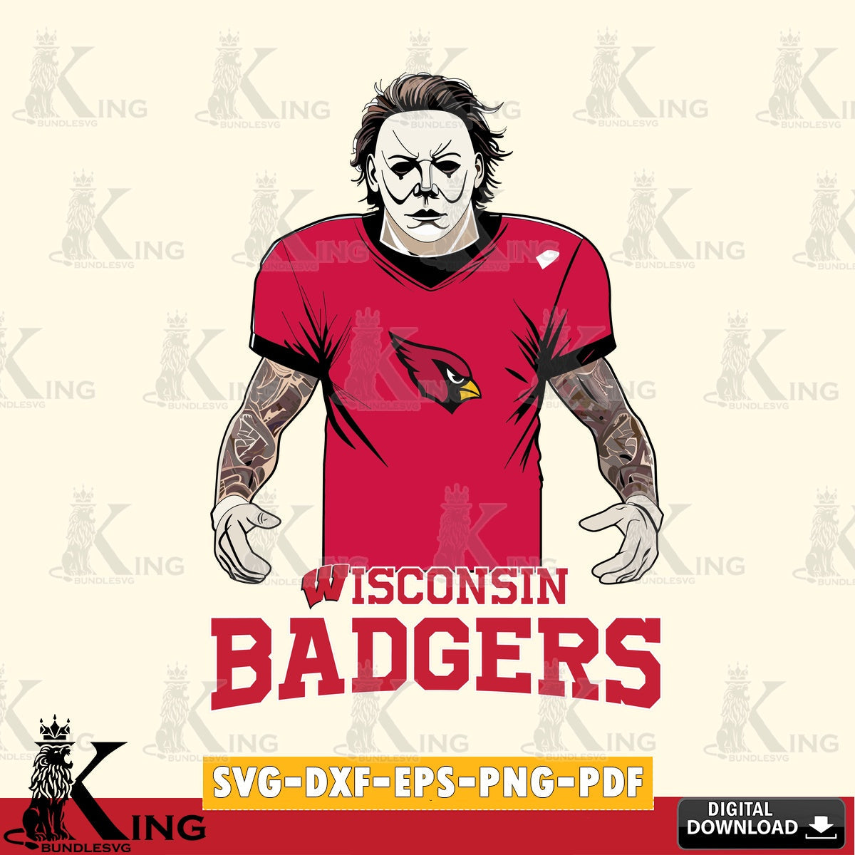 Beautiful illustration of a Wisconsin Badgers Michael Myers tattoo football, printable vector design for sublimation and crafts