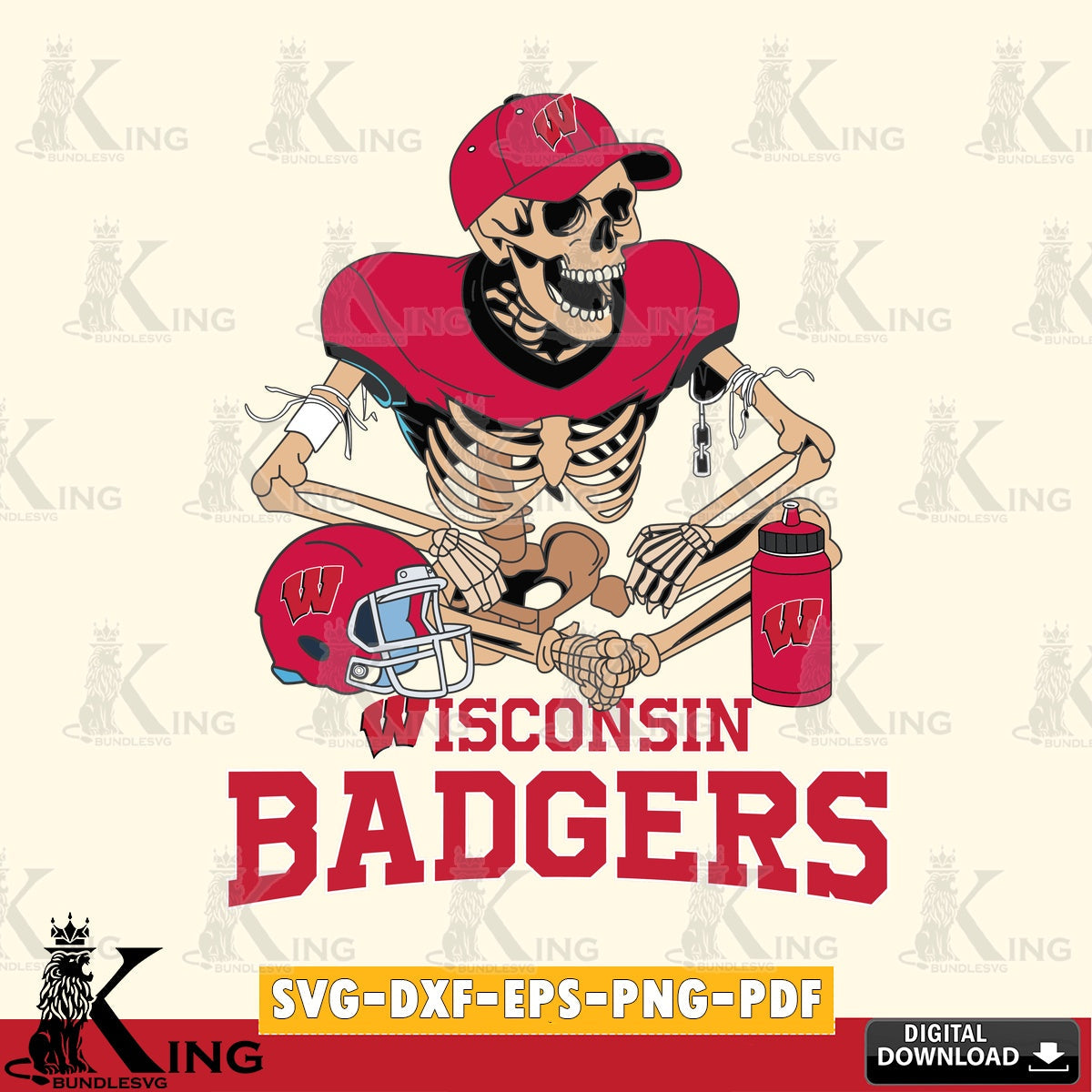 Digital clipart of a Wisconsin Badgers skeleton player playing football, versatile clip art for stickers, decals, and mugs.