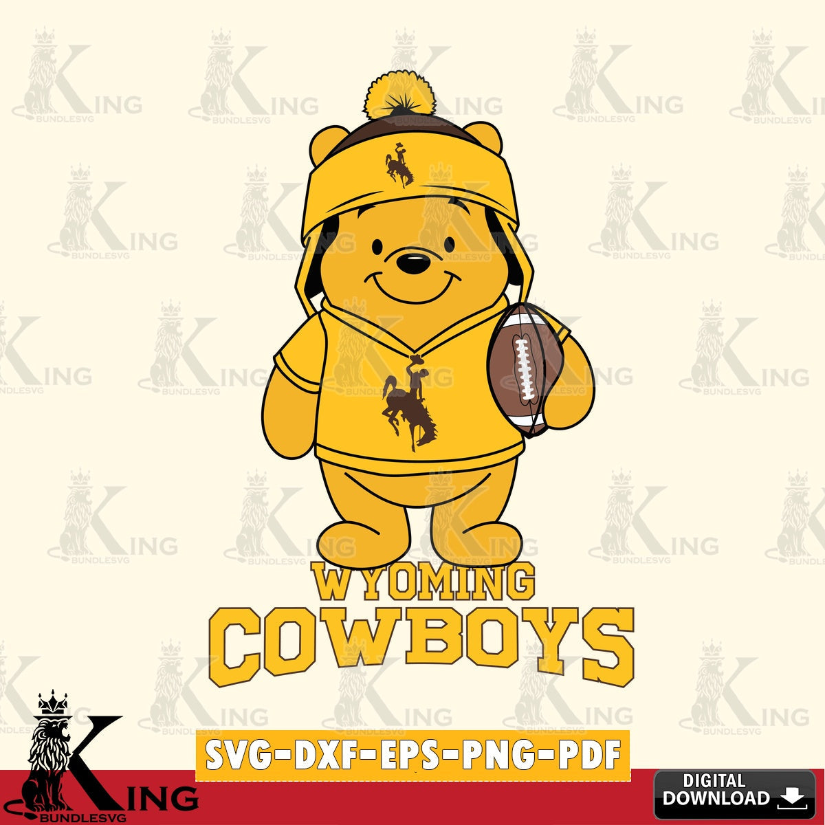 Printable art of Wyoming Cowboys Winnie the Pooh player football, versatile clip art for stickers, decals, and mugs