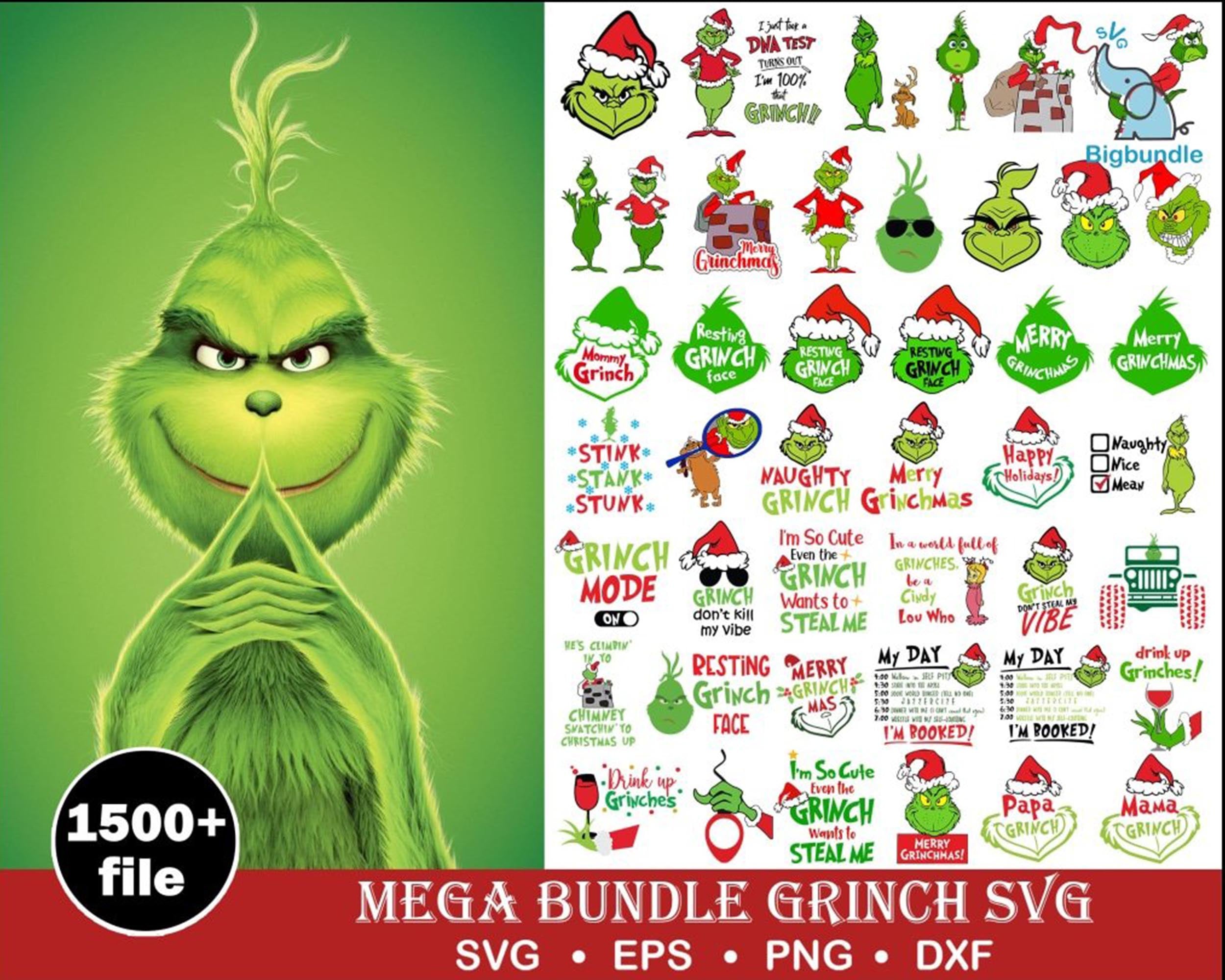 Mega Grinch SVG Bundle, The Grinch Cut Files, Grinch PNG Bundle