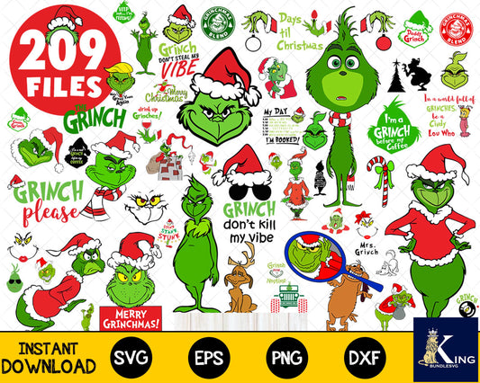 grinch Bundle Christmas svg, 209 file Grinch svg eps png, for Cricut, Silhouette, digital, file cut