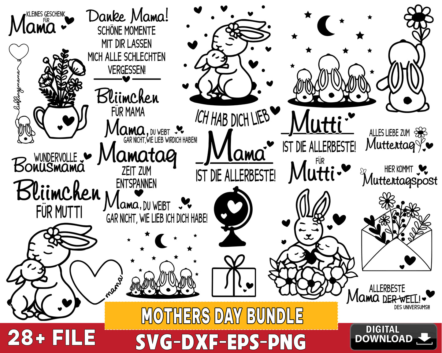 28+ file Mothers Day Bundle SVG, Mothers day Sayings, Mothers Day Lettering, Cute Bunny Mom Children SVG EPS PNG DXF , for Cricut, Silhouette, digital download, file cut