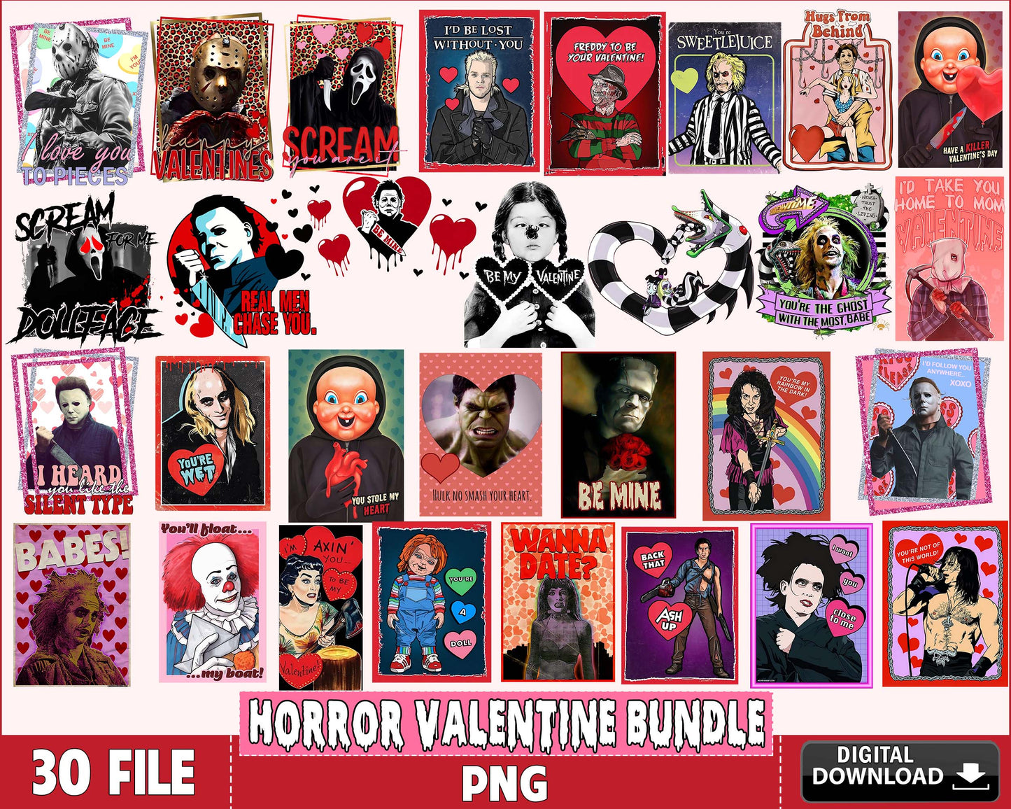 30+ file Horror Valentine day bundle PNG , Valentine's day Sublimation, Valentines Day Sublimation bundle, Valentine Day love sublimation ,Valentine day PNG bundle , Silhouette, Digital download , Instant Download