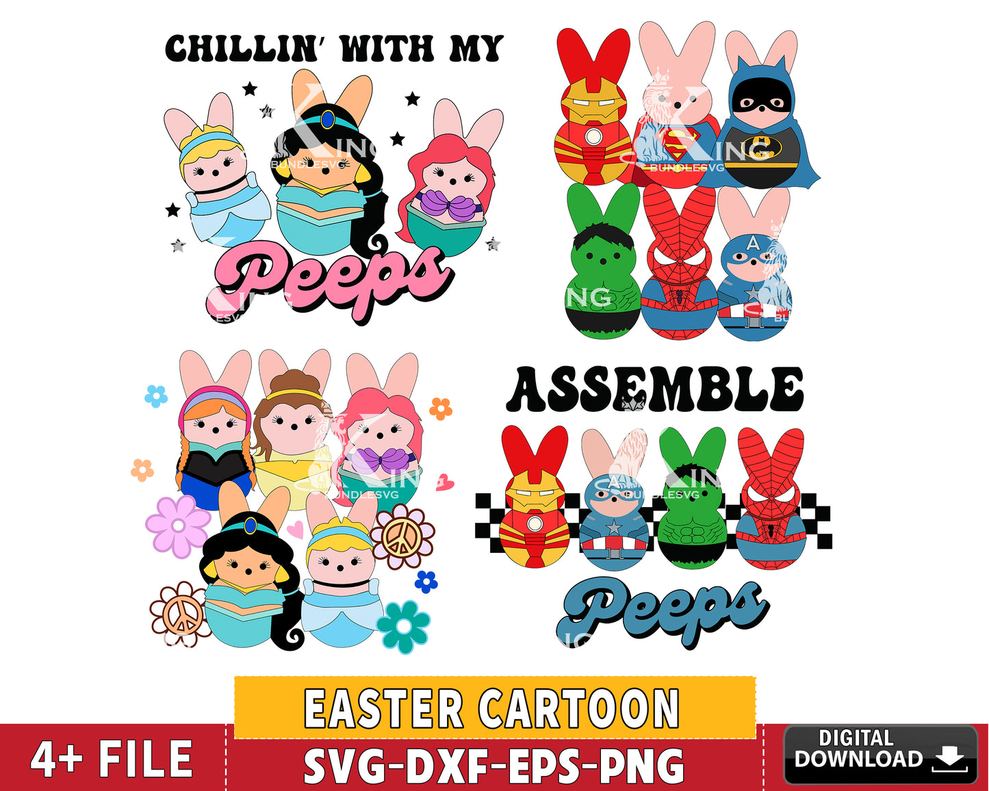 4 Easter Cartoon svg Bundle, Easter Princess svg, Easter Superman svg, Happy Easter Day svg, Easter Bunny svg eps png, for Cricut, Silhouette, digital, file cut
