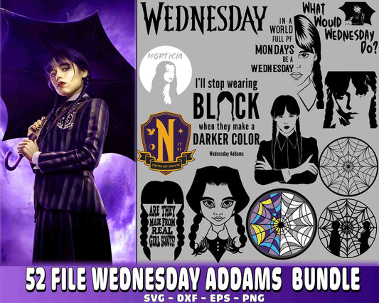52 file Wednesday Addams bundle svg , Wednesday Addams SVG DXF EPS PNG, for Cricut, Silhouette, digital, file cut