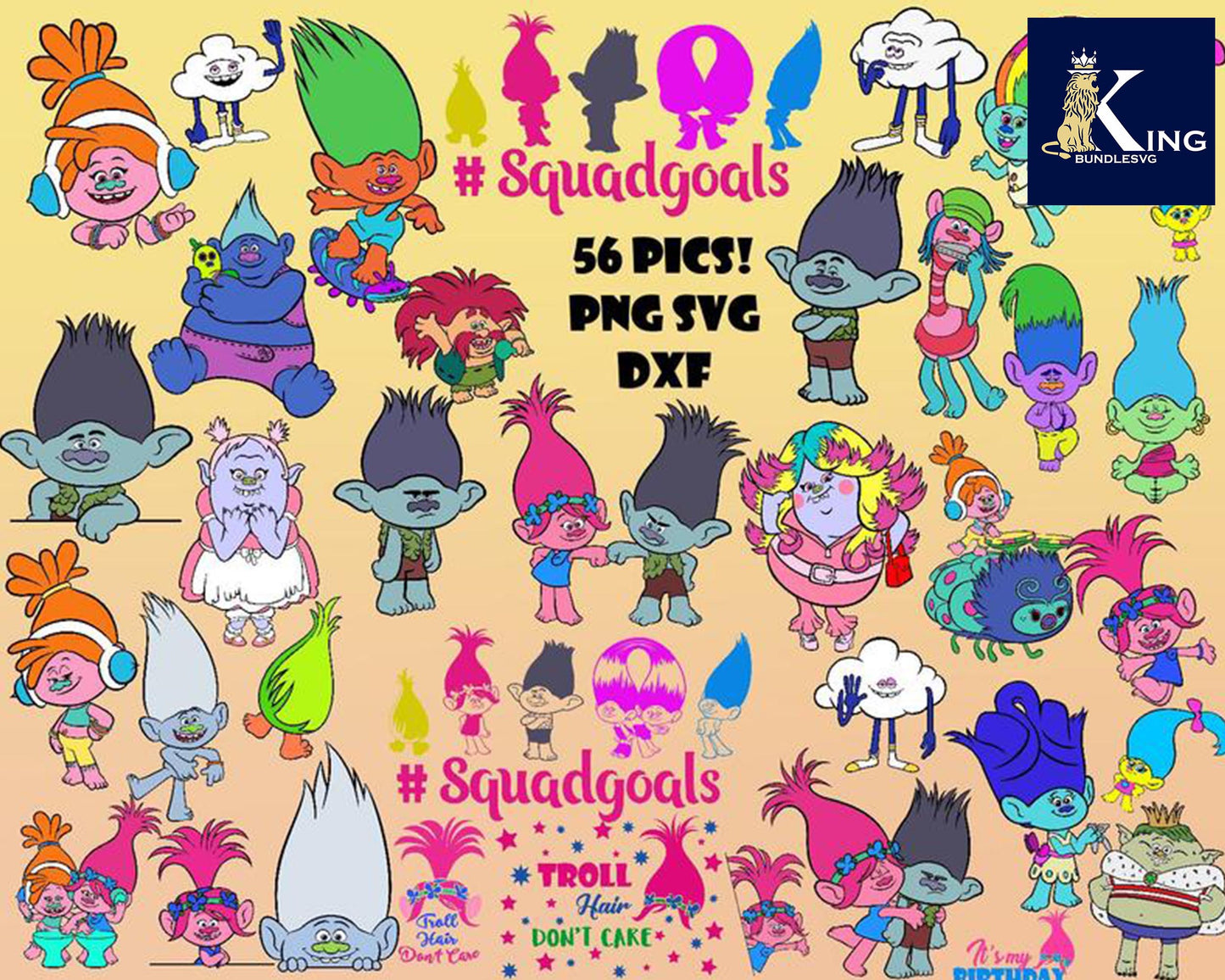 56 pics Trolls Squadgoals Svg,Troll Poppy Hair png, svg, dxf ,for Cricut, Silhouette, digital, file cut