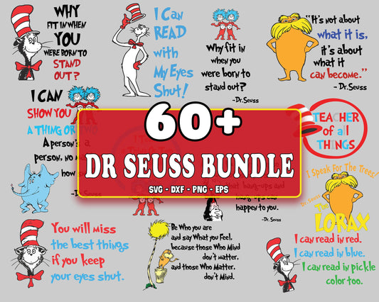 Dr Seuss Bundle svg, 60+ files Dr Seuss svg eps png, for Cricut, Silhouette, digital, file cut