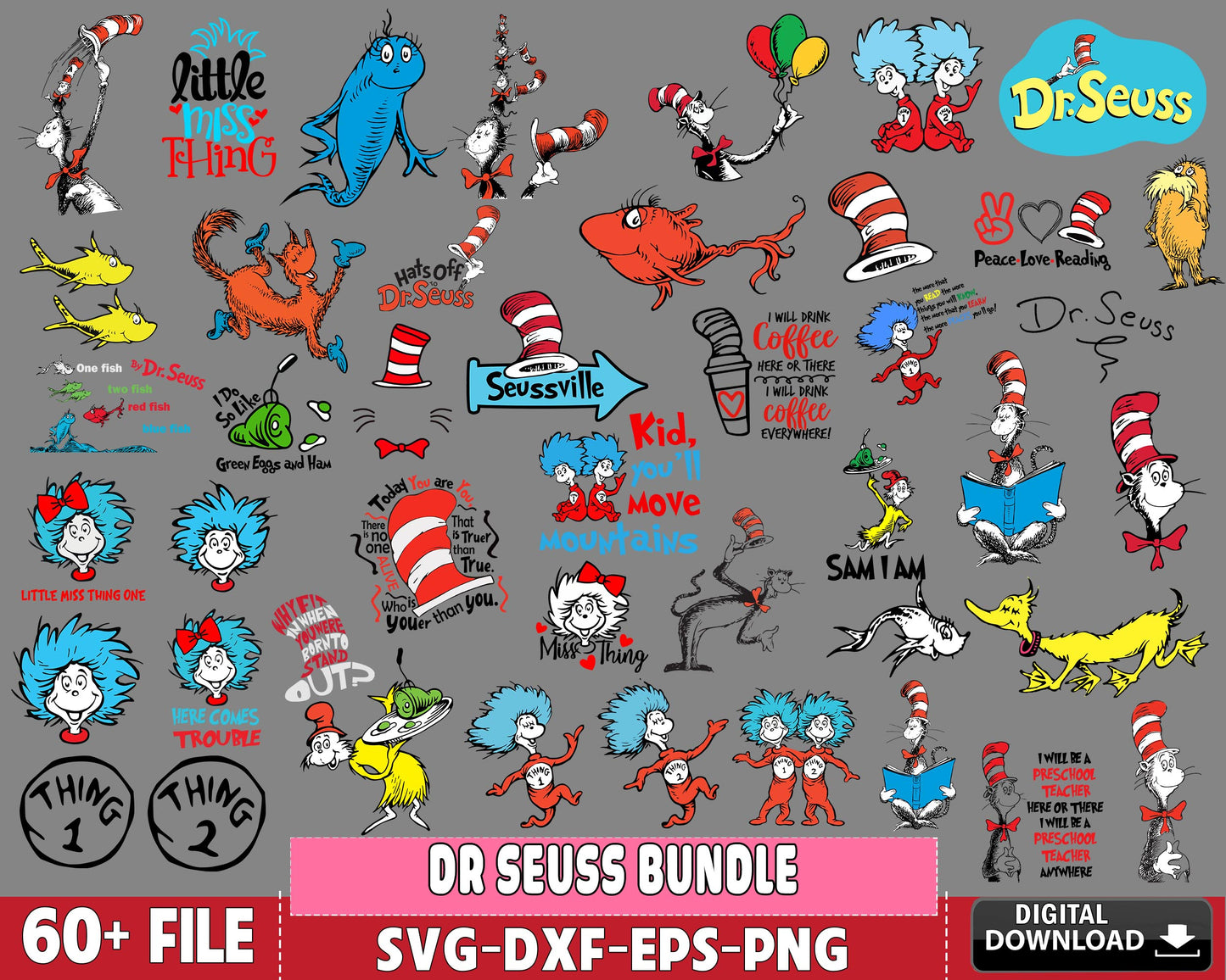 Dr Seuss Bundle svg, 60+ files Dr Seuss svg dxf eps png, for Cricut, Silhouette, digital, file cut