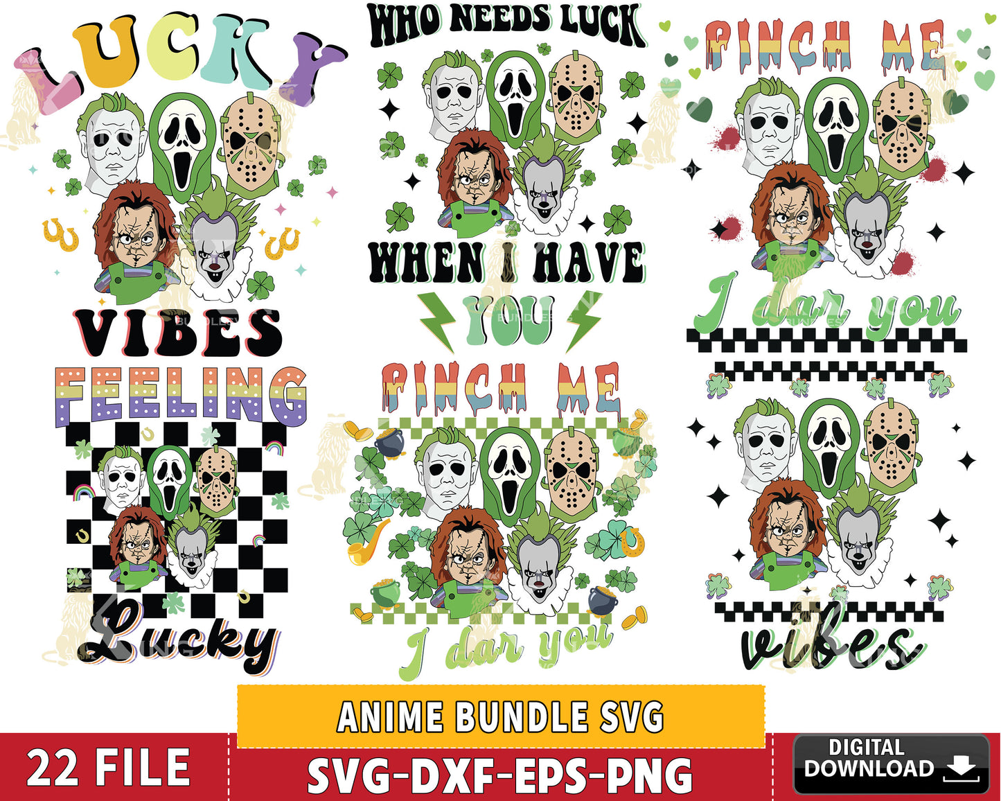 6 + Retro Horror Movie St Patricks Day Svg Bundle, Pinch Me I Dare You svg, Feeling Lucky svg, Retro St Patricks Day , Digital Cut Files ,svg eps dxf png file, for Cricut, Silhouette, digital download , file cut