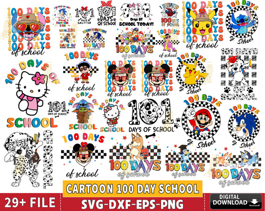 Cartoon 100 day school bundle svg, cartoon bundle SVG EPS PNG DXF , for Cricut, Silhouette, digital download, file cut