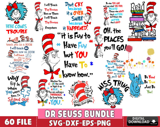 Dr Seuss Bundle svg, 60+ files Dr Seuss svg dxf eps png, for Cricut, Silhouette, digital, file cut