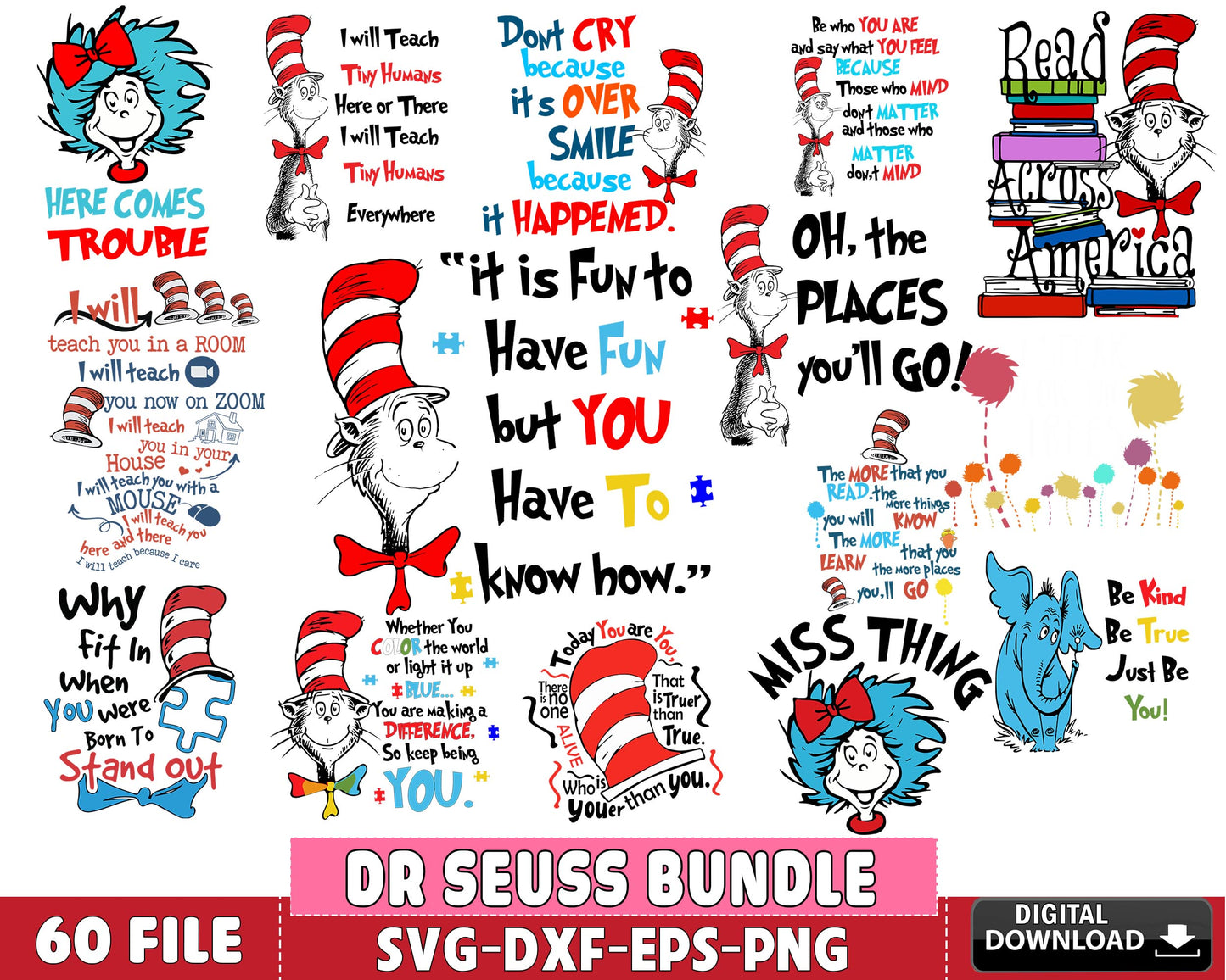 Dr Seuss Bundle svg, 60+ files Dr Seuss svg dxf eps png, for Cricut, Silhouette, digital, file cut