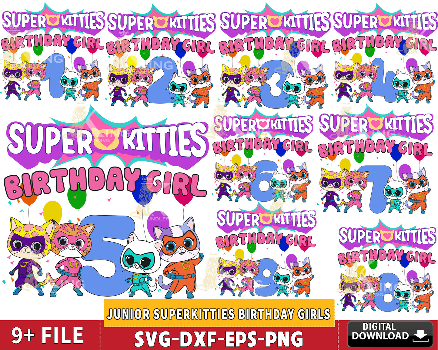 Junior SuperKitties Birthday Girls Number svg ,9 file Superkitties SVG DXF EPS PNG , for Cricut, Silhouette, Digital download ,Instant Download