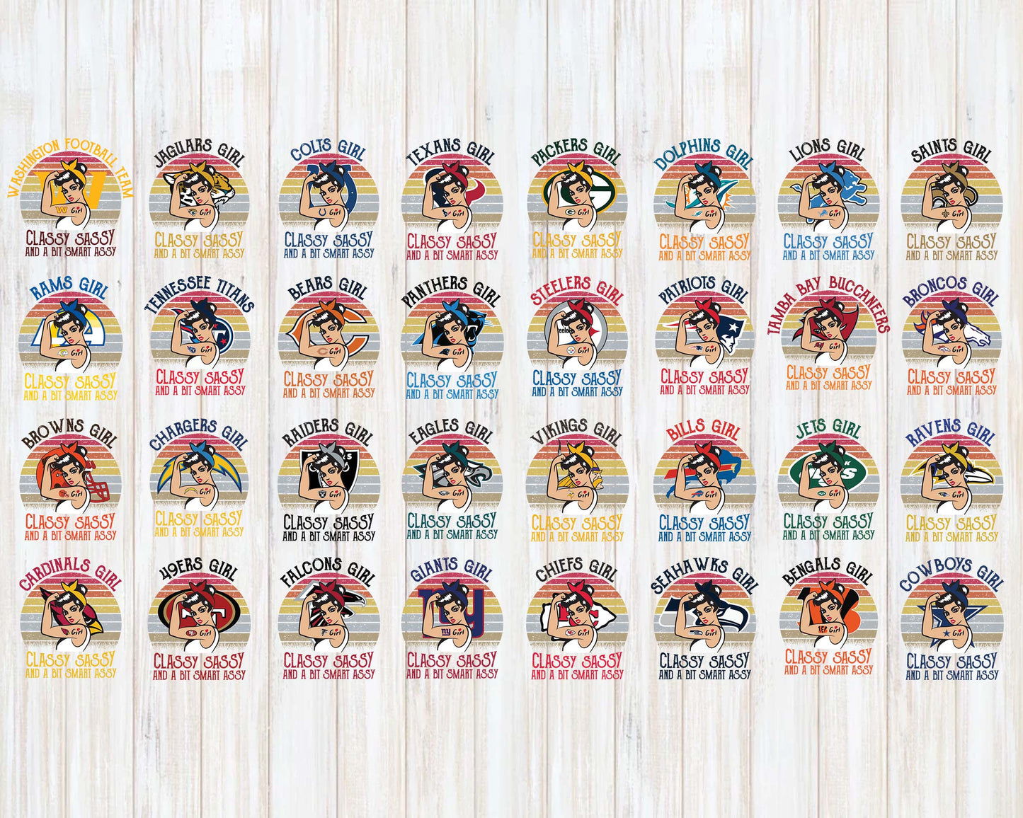 Bundle NFL Girl Classy Sassy and a bit smart assy NFL Svg Dxf Eps Png file ,32 team nfl svg eps png, for Cricut, Silhouette, digital, file cut