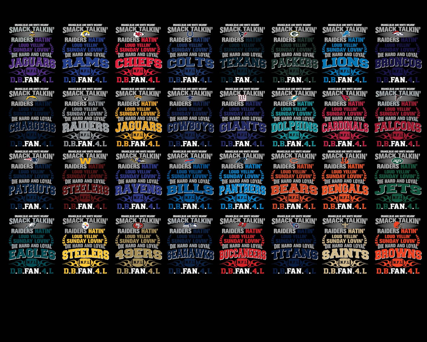 Bundle Orange,blue and white wearin’ smack talkin’raiders hatin’loud yellin’sunday lovin’die hard and loyal NFL svg eps dxf png file,32 team nfl svg eps png, for Cricut, Silhouette, digital, file cut