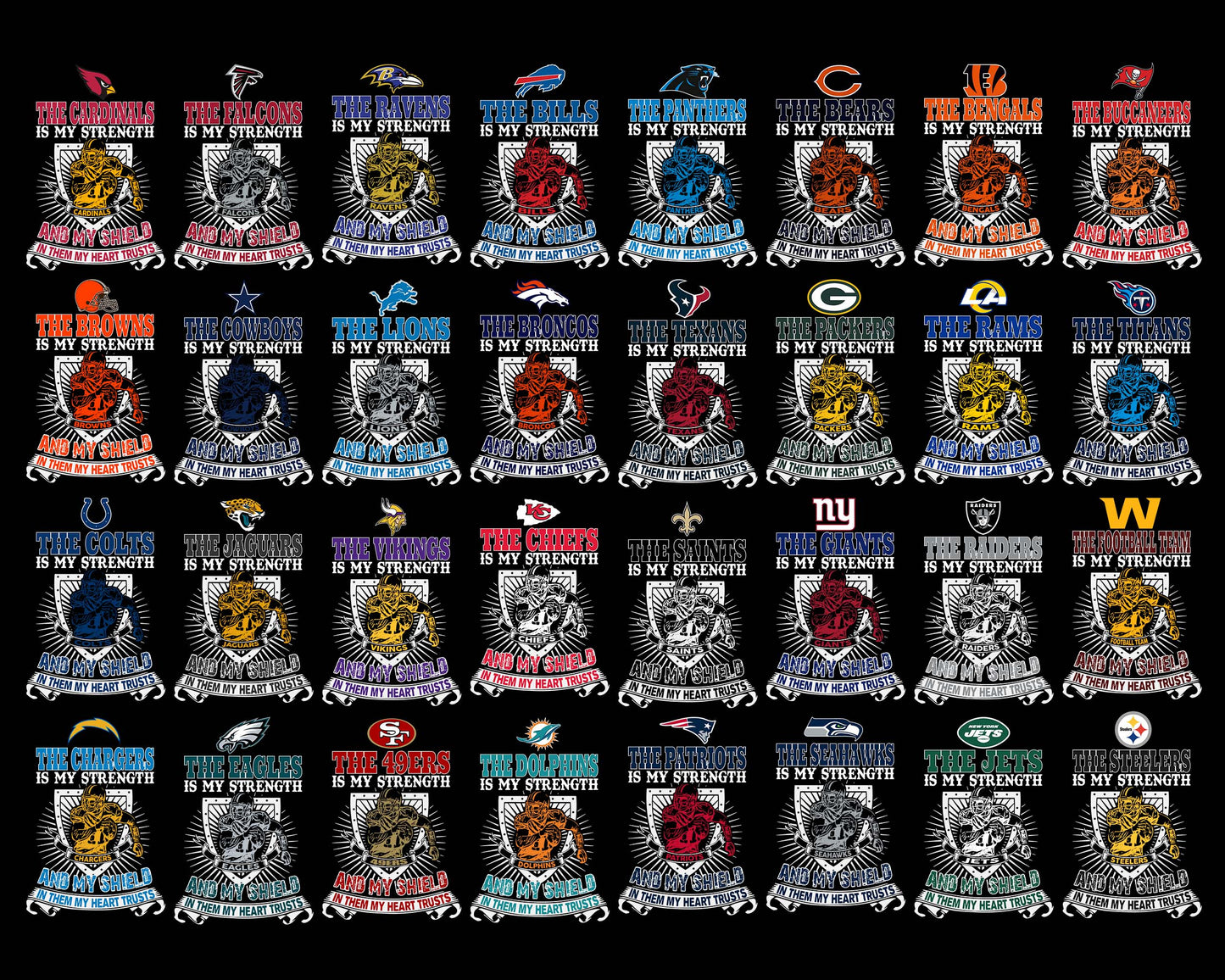 Bundle The NFL Is My Strength and My Shield In Them My Heart Trusts svg eps dxf png file,32 team nfl svg eps png, for Cricut, Silhouette, digital, file cut