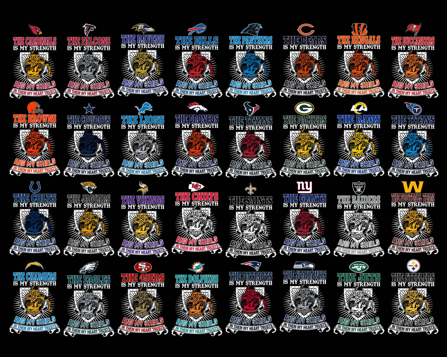 Bundle The NFL Is My Strength and My Shield In Them My Heart Trusts svg eps dxf png fileSvg ,32 team nfl svg eps png, for Cricut, Silhouette, digital, file cut