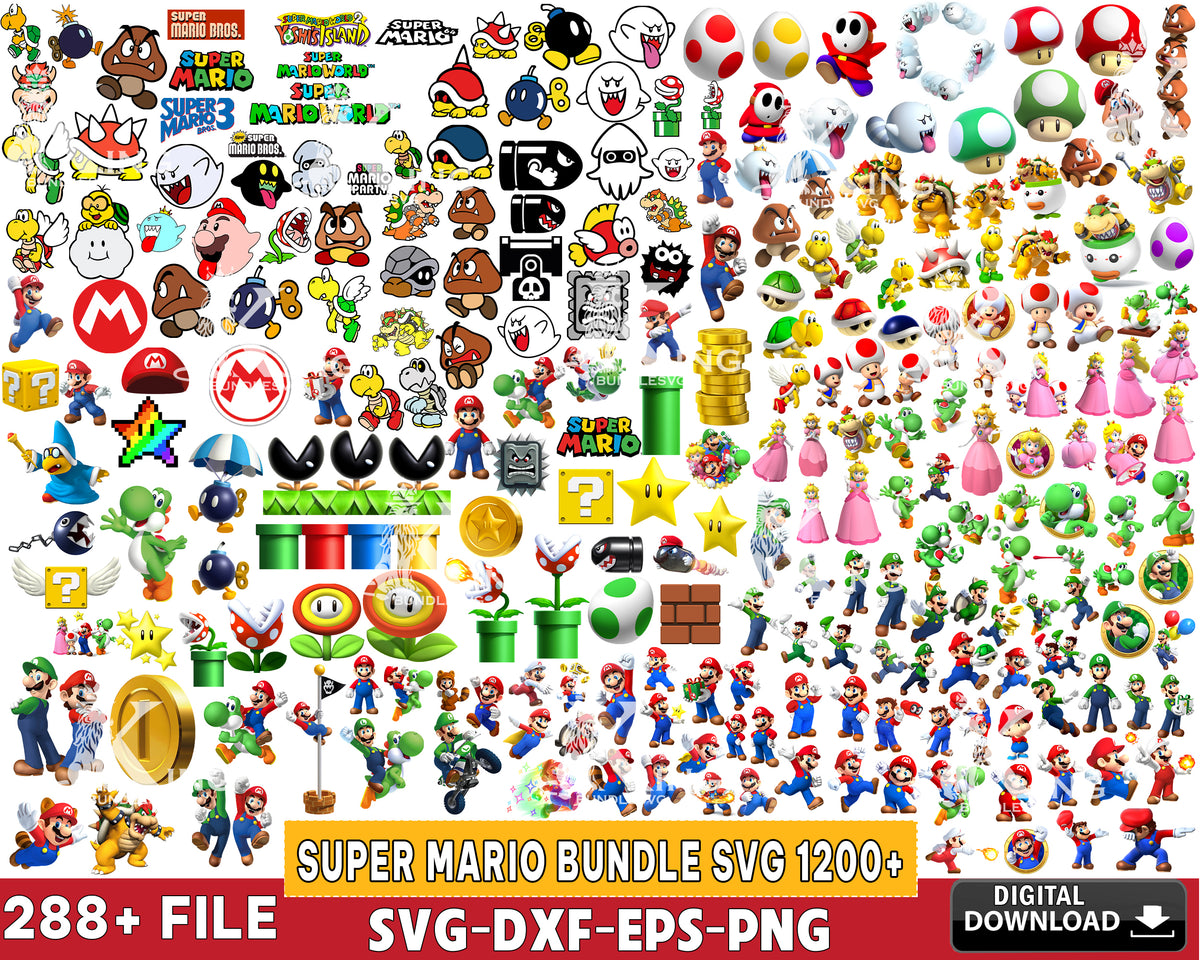 Mario Svg 1200+ file Super mario bundle svg eps png dxf , for Cricut, Silhouette ...