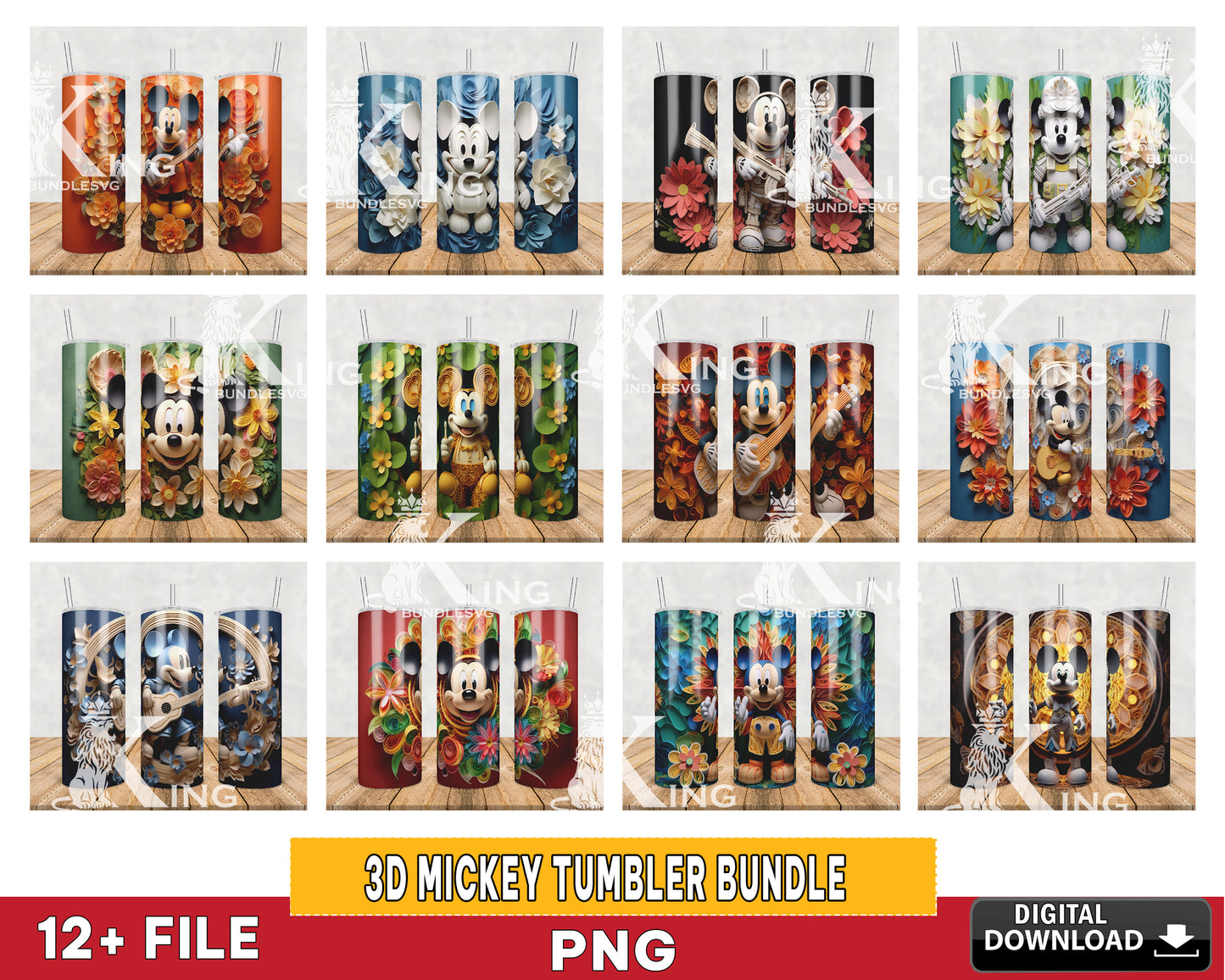 12 file 3D MICKEY Flower Paper tumbler bundle png, 20oz Tumbler PNG, 3D Paper Quilling Character Tumbler Sublimation Bundle Png, Instant Digital Download PNG