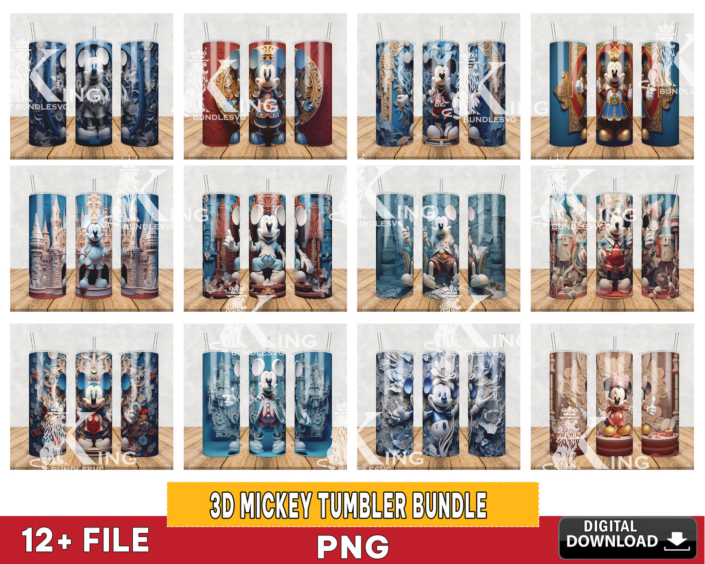 12 file 3D MICKEY luxury tumbler bundle png, 20oz Tumbler PNG, 3D Paper Quilling Character Tumbler Sublimation Bundle Png, Instant Digital Download PNG