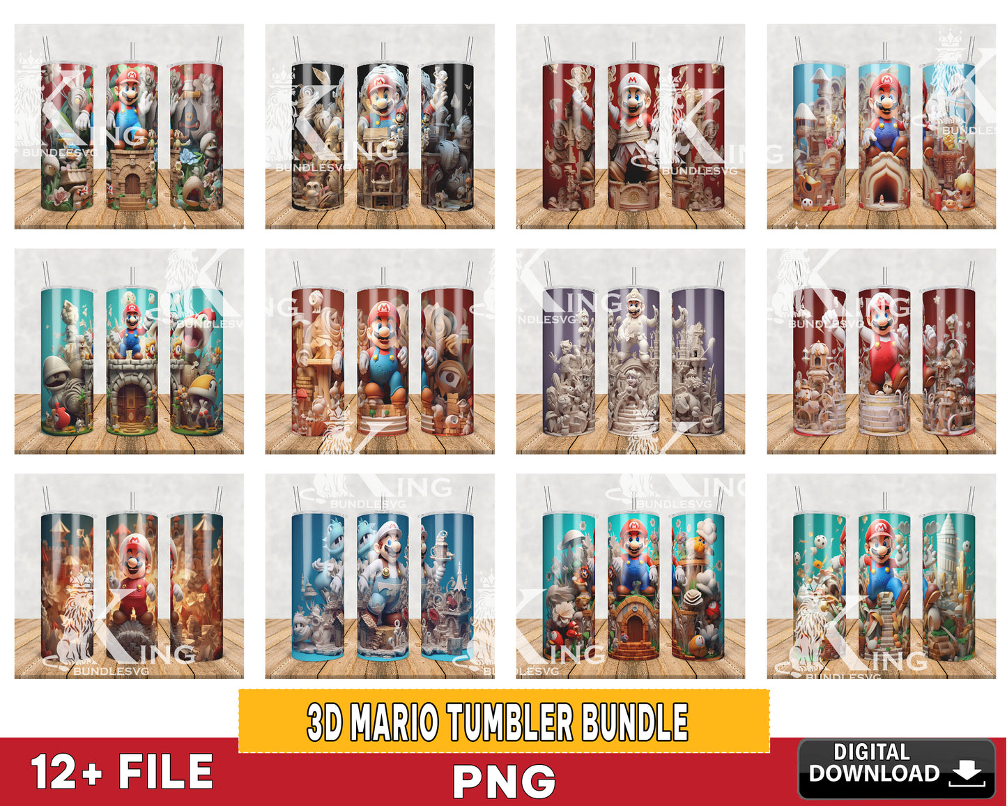 12 file 3D mario tumbler bundle png,20oz Tumbler PNG, 3D Paper Quilling Character Tumbler Sublimation Bundle Png, Instant Digital Download PNG