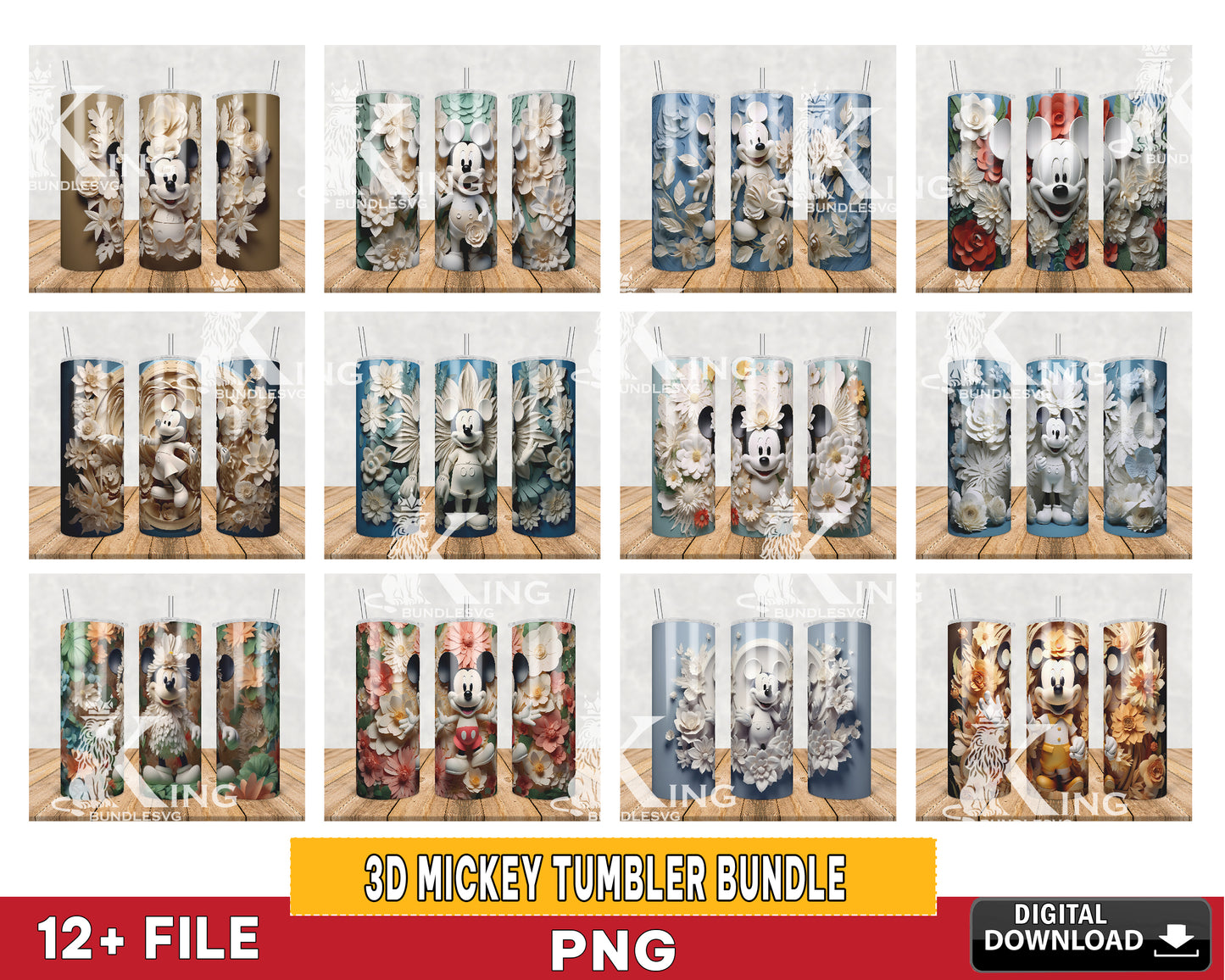 3D MICKEY flower tumbler bundle png, 20oz Tumbler PNG, 3D Paper Quilling Character Tumbler Sublimation Bundle Png, Instant Digital Download PNG