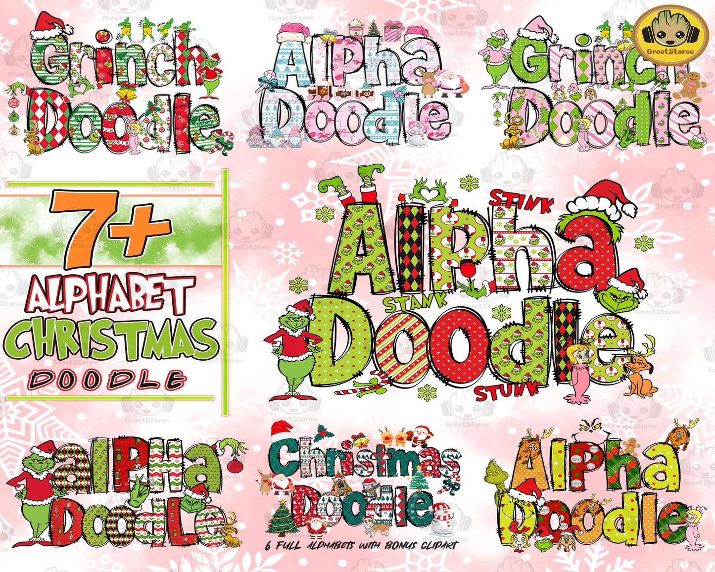 7 Set Christmas Alpha Doodle Png Bundle, Christmas Character Alphabet Bundle PNG, for Cricut, Silhouette, digital, file cut