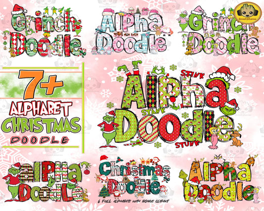 7 Set Christmas Alpha Doodle Png Bundle, Christmas Character Alphabet Bundle PNG, for Cricut, Silhouette, digital, file cut