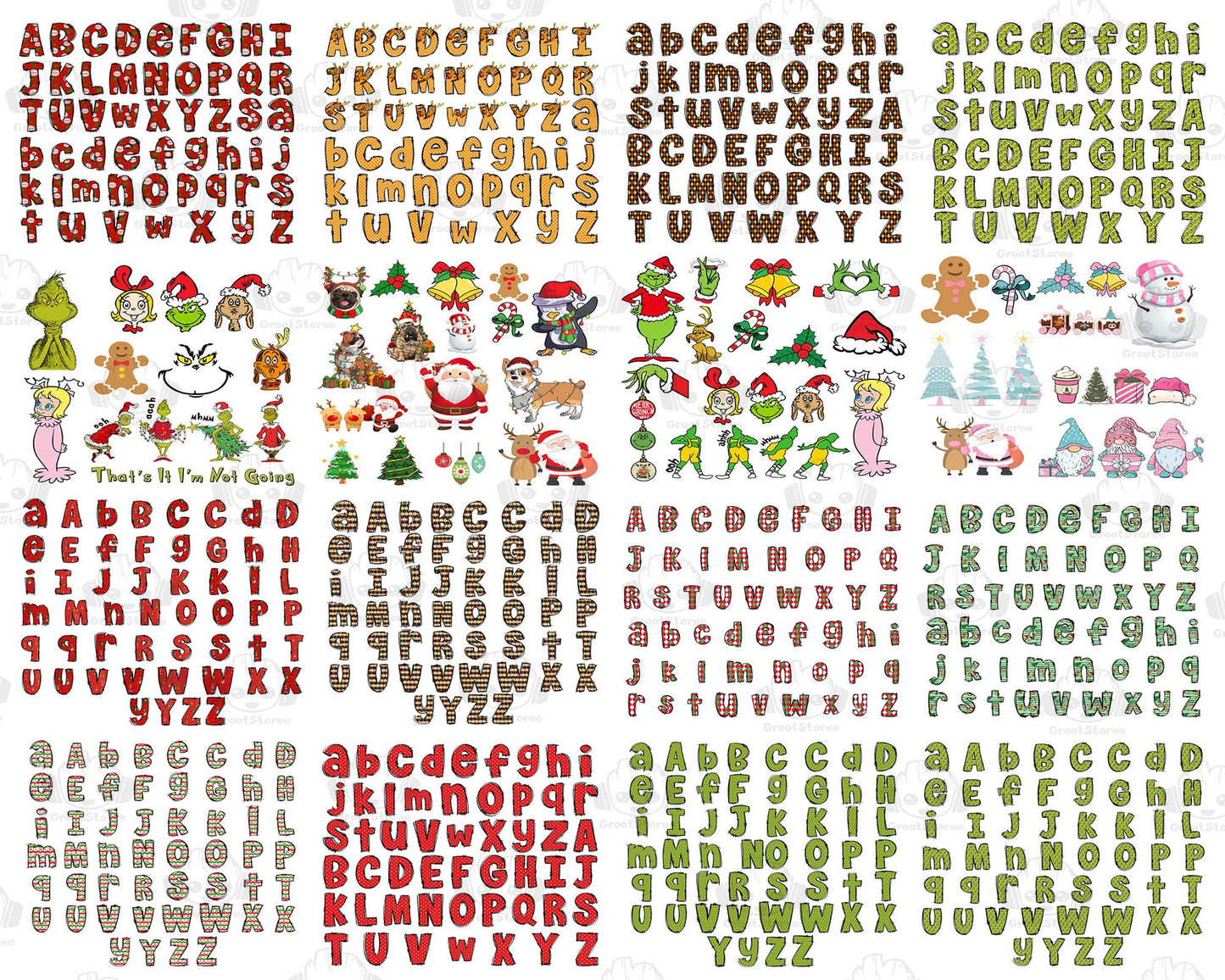 7 Set Christmas Alpha Doodle Png Bundle, Christmas Character Alphabet Bundle PNG, for Cricut, Silhouette, digital, file cut