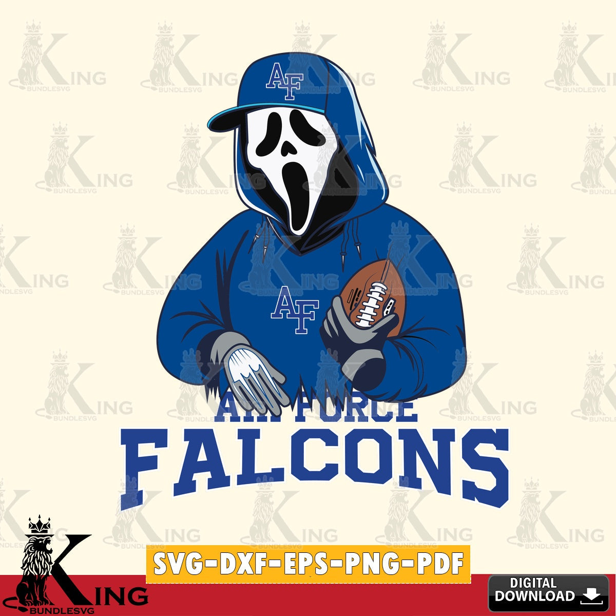 Eye-catching graphic of an Air Force Falcons Ghostface Scream football player, vector art for engraving, cutting, and printing.