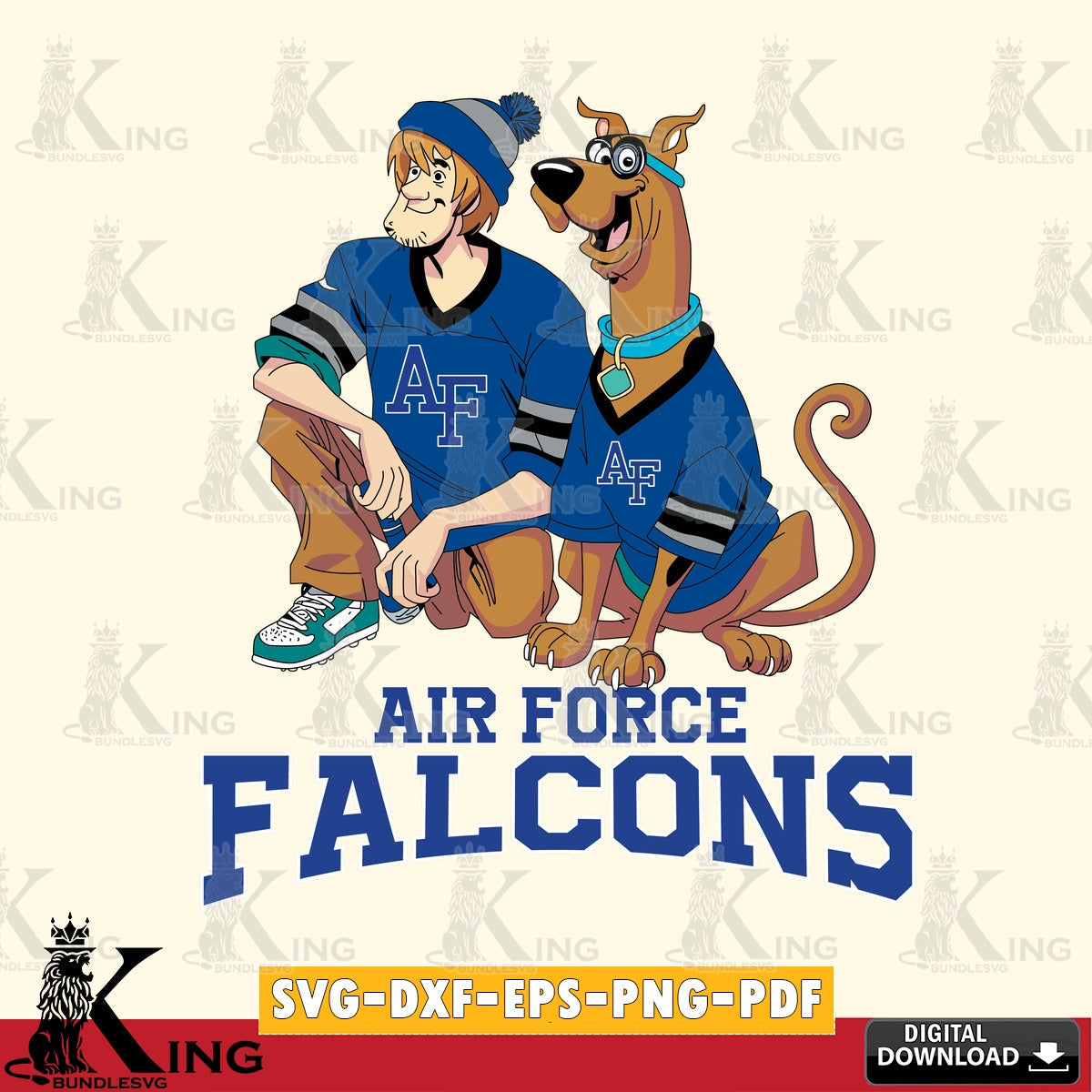 Hand-drawn style art of Air Force Falcons Shaggy and Scooby Doo football, NCAA, vector art for engraving, cutting, and printing.
