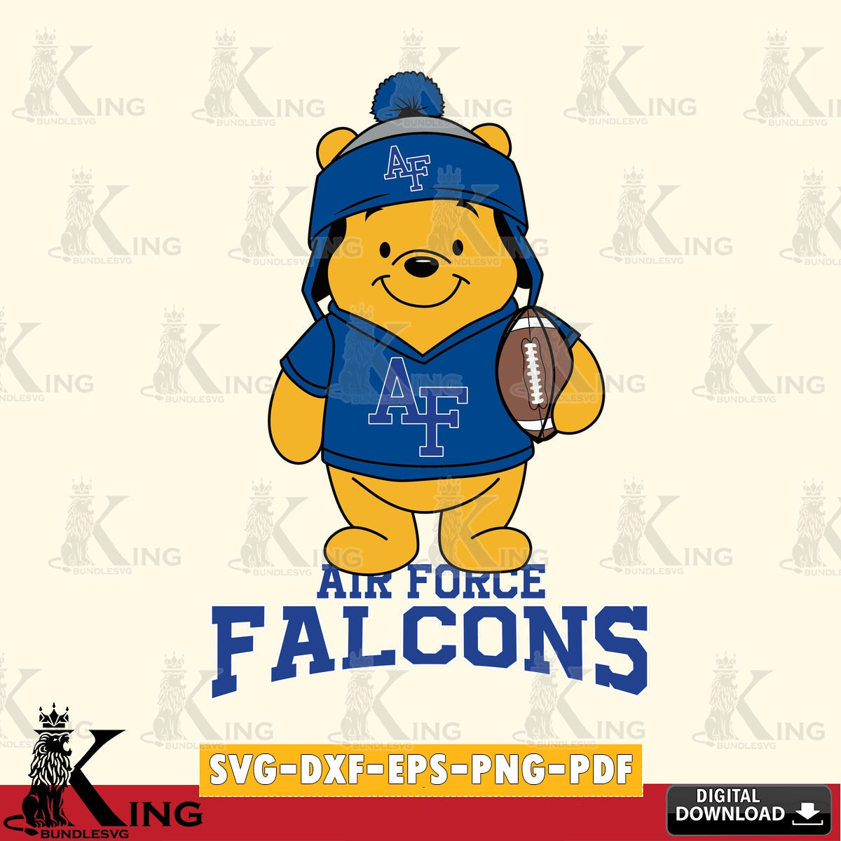 Digital clipart of Air Force Falcons Winnie the Pooh player football, crafting file for iron-on transfer and vinyl decals