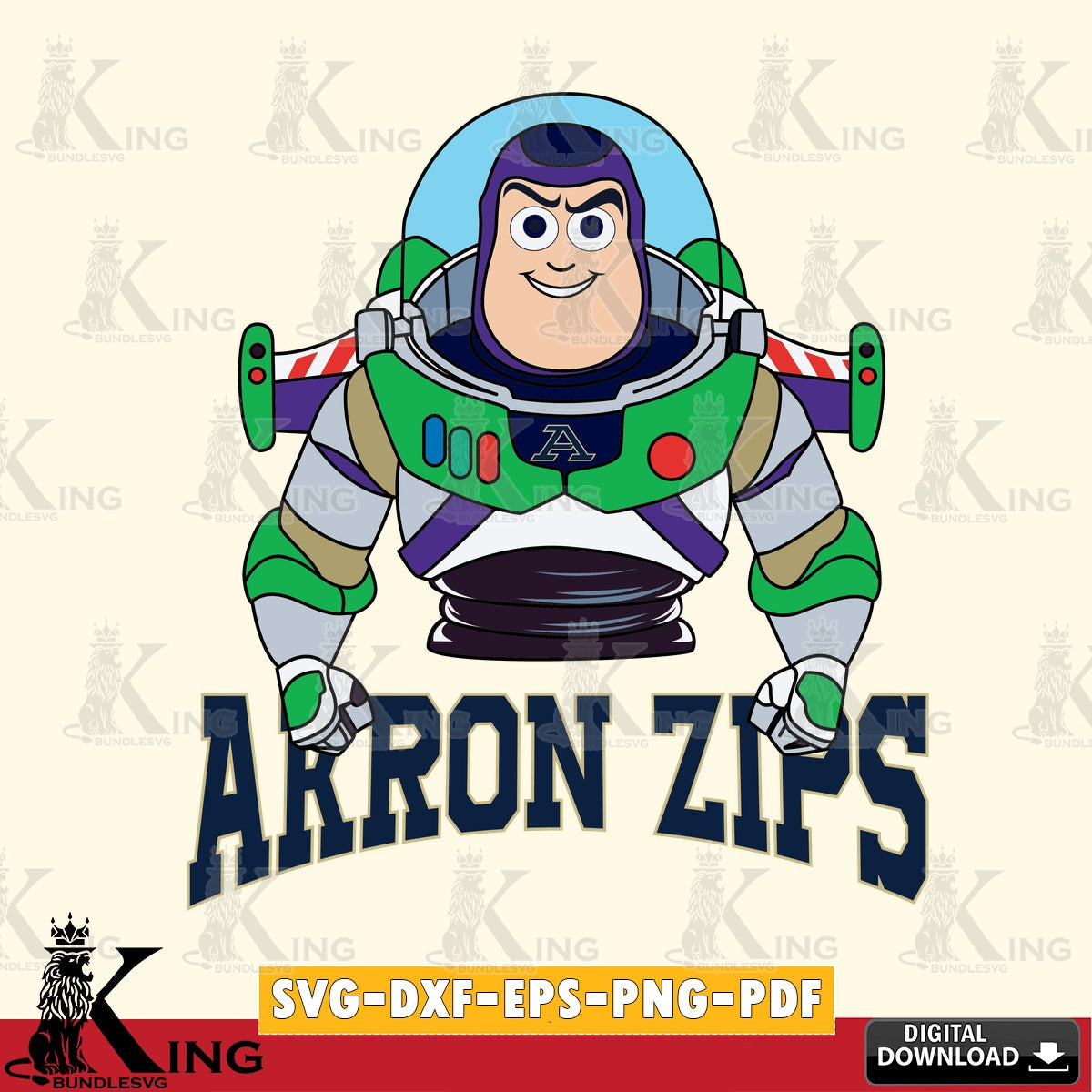 Unique artwork depicting Akron Zips Buzz Lightyear football, a digital download for Cricut Maker and paper crafts.