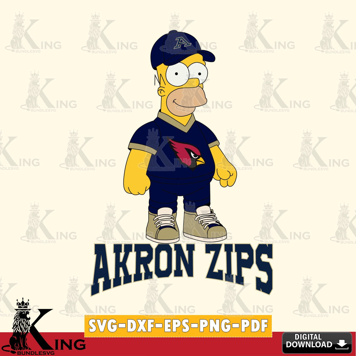 Detailed illustration of Akron Zips Homer Simpson football, NCAA cut file ideal for vinyl projects and T-shirt printing.