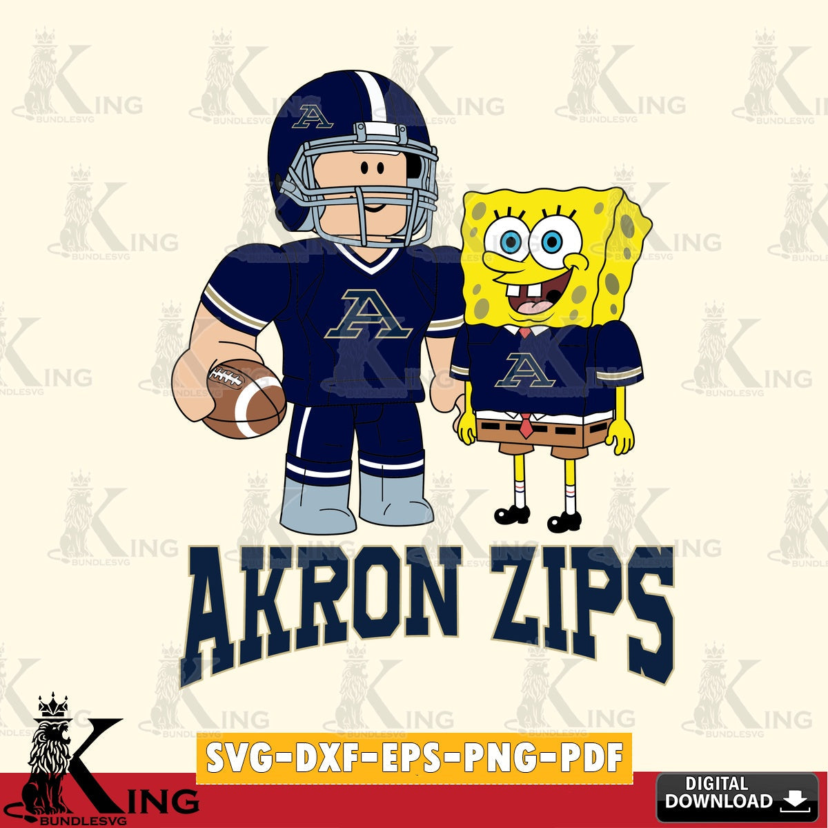 Detailed illustration of Akron Zips Roblox & Spongebob football, NCAA Cricut, cut, digital high-quality vector for DIY