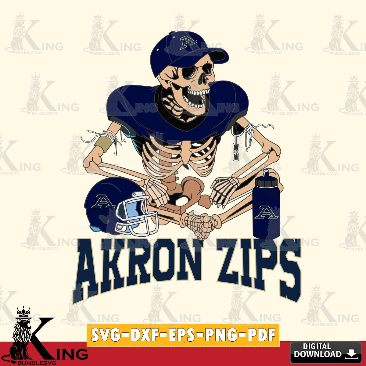 Hand-drawn style art of an Akron Zips skeleton football player, versatile clip art for stickers, decals, and mugs.