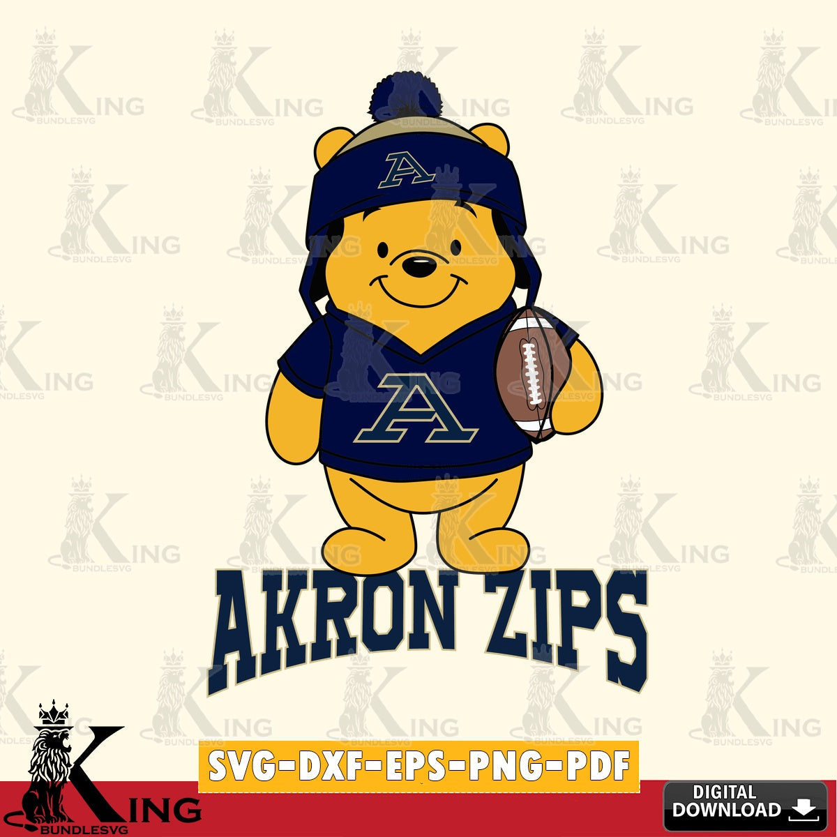 Printable art of Akron Zips Winnie the Pooh player Football, NCAA PNG clipart for sublimation printing and graphic design
