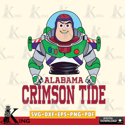 Vector design showing Alabama Crimson Tide Buzz Lightyear football, a digital file for silhouette cameo and cricut projects.