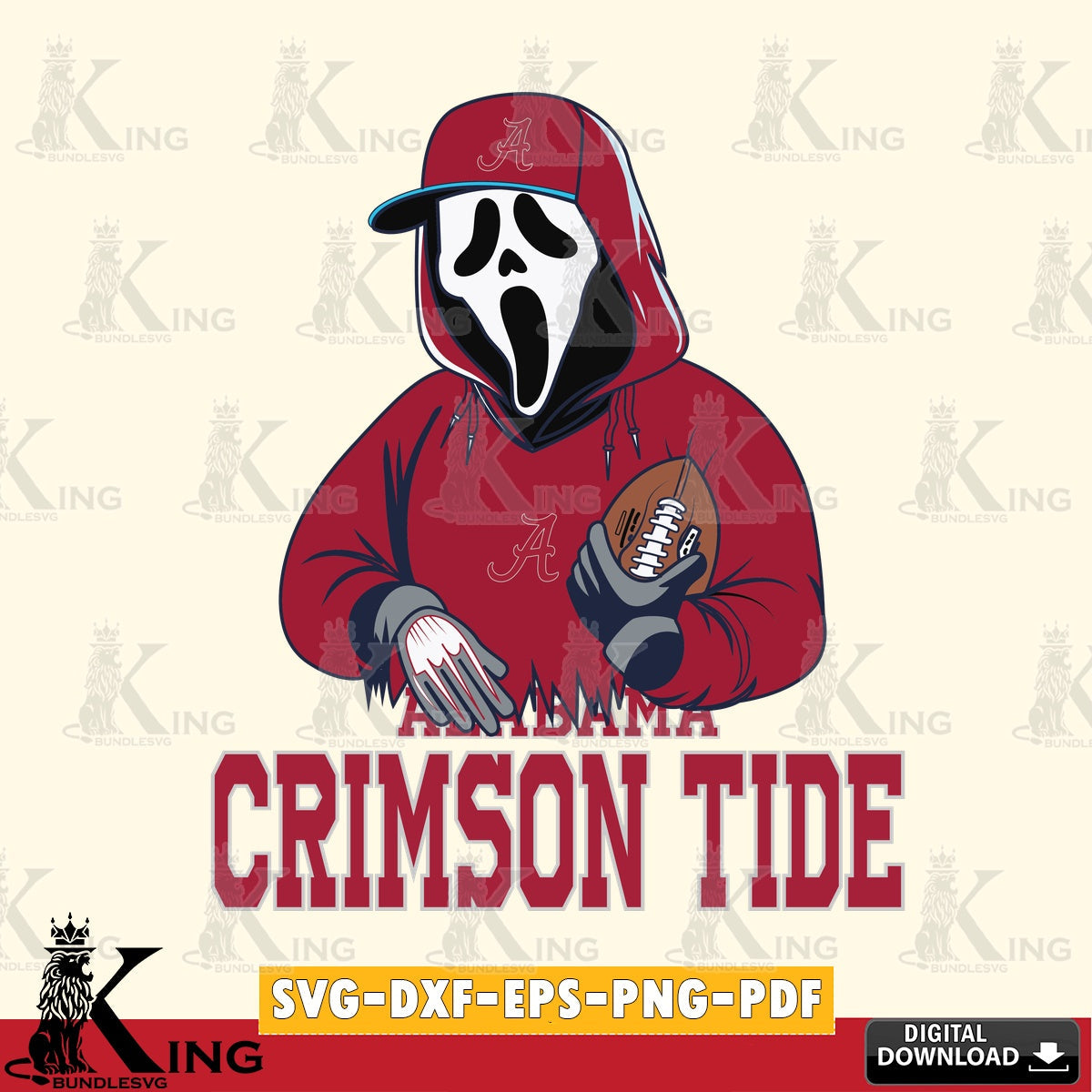 Modern graphic depicting an Alabama Crimson Tide Ghostface Scream football player, vector illustration for POD merchandise and