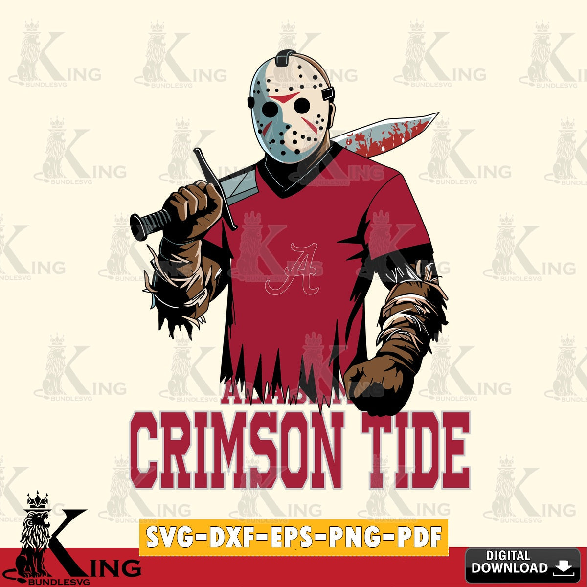Hand-drawn style art of Alabama Crimson Tide Jason Voorhees Football, NCAA vector illustration for POD merchandise and apparel